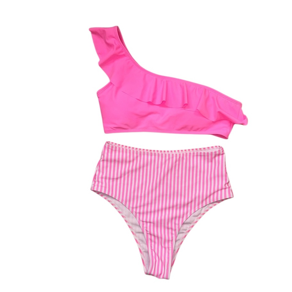 COTTON CANDY neon pink stripe high rise one shoulder bikini women’s size medium - Picture 5 of 14